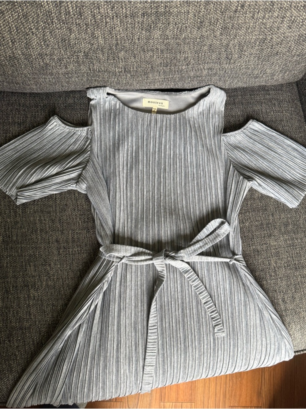 Monteau Gray Cold-Shoulder Pleated Belted Mini Dress
